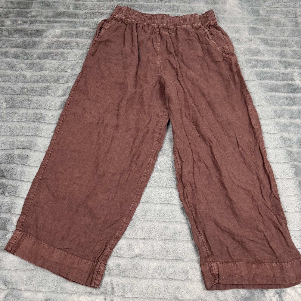 Tahari Womens Brown 100% Linen Wide Leg Elastic Waist Crop Pants Size L